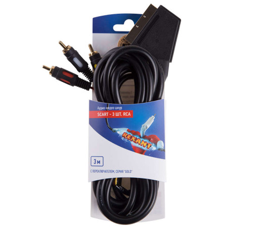 Шнур SCART - 3RCA с переключателем 3м (GOLD) блист. Rexant 06-3071