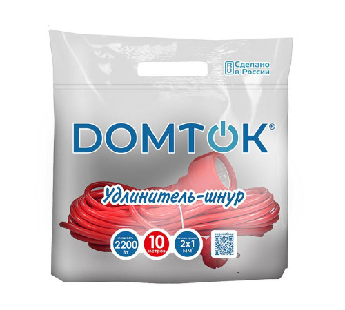 Удлинитель-шнур 1х10м без заземл. 10А IP20 2.2кВт ПВС 2х1 DOMTOK 2488