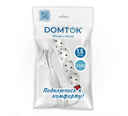 Удлинитель 4х1.5м с заземл. 16А IP20 3х1 с выкл. бел. DOMTOK 2374