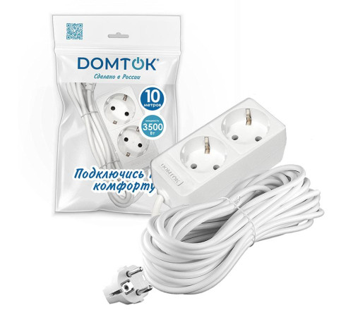 Удлинитель 2х10м с заземл. 16А IP20 3.5кВт ПВС 3х1 бел. DOMTOK 2385