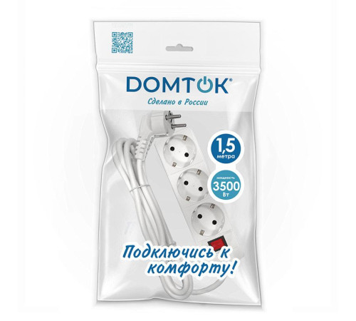 Удлинитель 3х1.5м с заземл. 16А IP20 3.5кВт ПВС 3х1 с выкл. бел. DOMTOK 2379