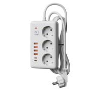 Удлинитель с сетевым фильтром 3х3м 10А 4USB + 2USBC 2500Вт ПВС 3х1 прямоуг. бел. КОСМОС FKsm3m-3gPF(W)USB