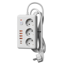 Удлинитель с сетевым фильтром 3х3м 10А 4USB + 2USBC 2500Вт ПВС 3х1 прямоуг. бел. КОСМОС FKsm3m-3gPF(W)USB