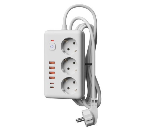 Удлинитель с сетевым фильтром 3х3м 10А 4USB + 2USBC 2500Вт ПВС 3х1 прямоуг. бел. КОСМОС FKsm3m-3gPF(W)USB