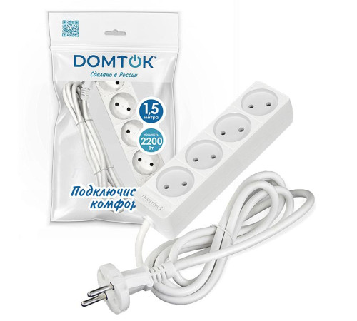 Удлинитель 4х1.5м без заземл. 10А IP20 2.2кВт ПВС 2х1 бел. DOMTOK 2354