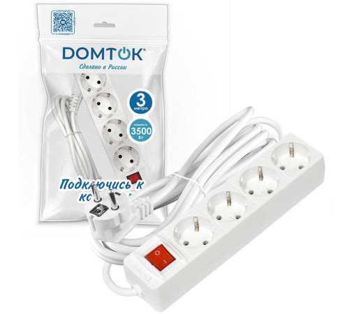 Удлинитель 4х3х16А IP20 3х1 с выкл. бел. DOMTOK 2499
