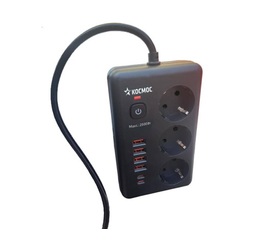 Удлинитель с сетевым фильтром 3х1.5м 10А 4USB + 2USBC 2500Вт ПВС 3х1 прямоуг. черн. КОСМОС FKsm1.5m-3gPF(B)USB