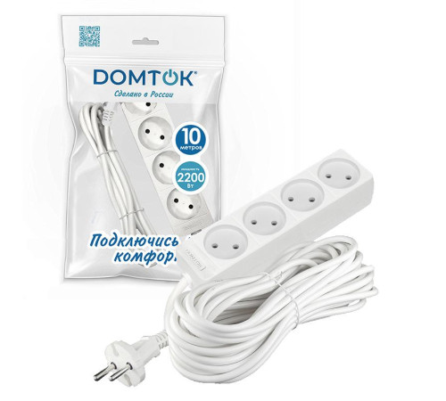 Удлинитель 4х10м без заземл. 10А IP20 2.2кВт ПВС 2х1 бел. DOMTOK 2355