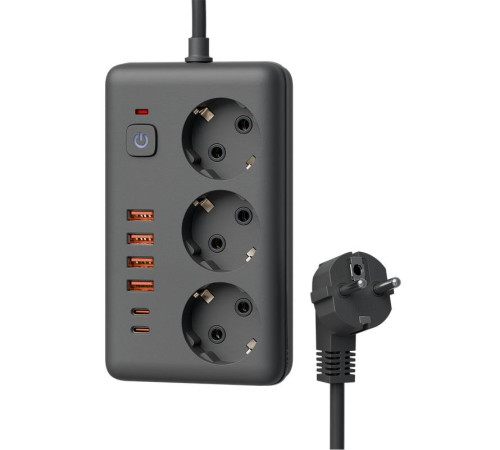 Удлинитель с сетевым фильтром 3х1.5м 10А 4USB + 2USBC 2500Вт ПВС 3х1 прямоуг. черн. КОСМОС FKsm1.5m-3gPF(B)USB