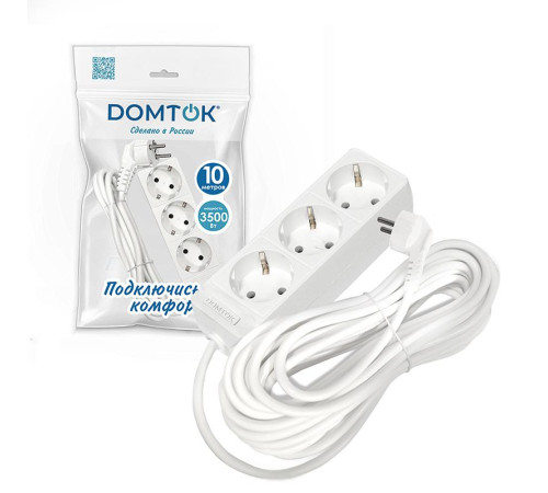 Удлинитель 3х10м с заземл. 16А IP20 3.5кВт ПВС 3х1 бел. DOMTOK 2390