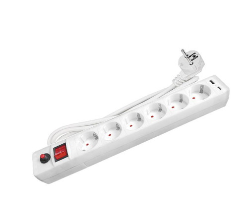 Удлинитель с сетевым фильтром 6х1.8м с заземл. 10А IP20 2.2кВт USB type-A + type-C ПВС 3х0.75 с выкл. бел. UNIVersal 2543