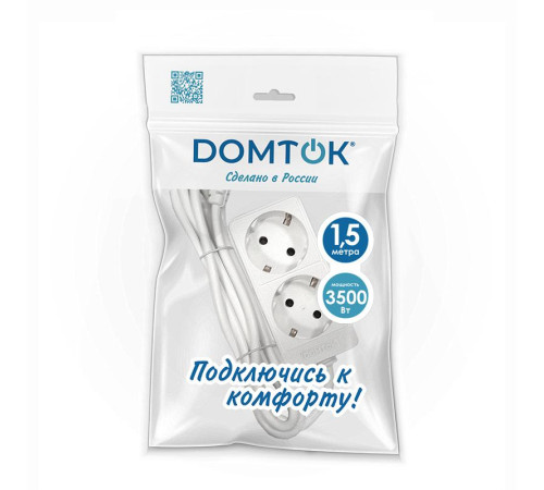Удлинитель 2х1.5м с заземл. 16А IP20 3.5кВт ПВС 3х1 бел. DOMTOK 2384
