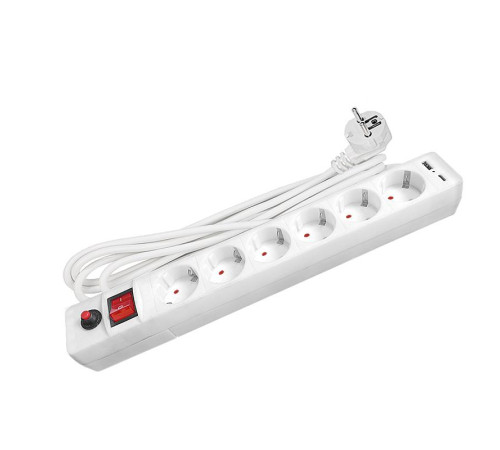 Удлинитель с сетевым фильтром 6х5м с заземл. 10А IP20 2.2кВт USB type-A + type-C ПВС 3х0.75 с выкл. бел. UNIVersal 2545