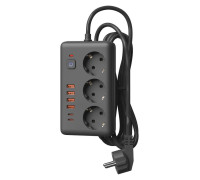 Удлинитель с сетевым фильтром 3х5м 10А 4USB + 2USBC 2500Вт ПВС 3х1 прямоуг. черн. КОСМОС FKsmPR-5m-3g(B)USB