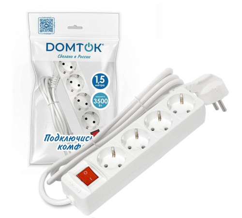 Удлинитель 4х1.5м с заземл. 16А IP20 3х1 с выкл. бел. DOMTOK 2374