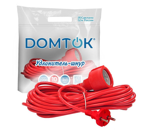 Удлинитель-шнур 1х10м без заземл. 10А IP20 2.2кВт ПВС 2х1 DOMTOK 2488