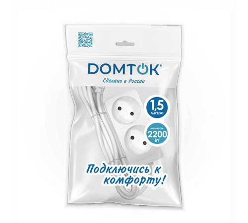 Удлинитель 2х1.5м без заземл. 10А IP20 2.2кВт ПВС 2х1 бел. DOMTOK 2344