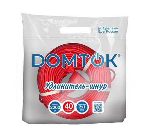 Удлинитель-шнур 1х40м без заземл. 10А IP20 2.2кВт ПВС 2х1 DOMTOK 2491