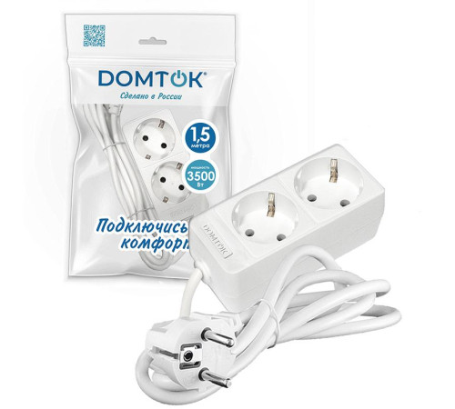 Удлинитель 2х1.5м с заземл. 16А IP20 3.5кВт ПВС 3х1 бел. DOMTOK 2384