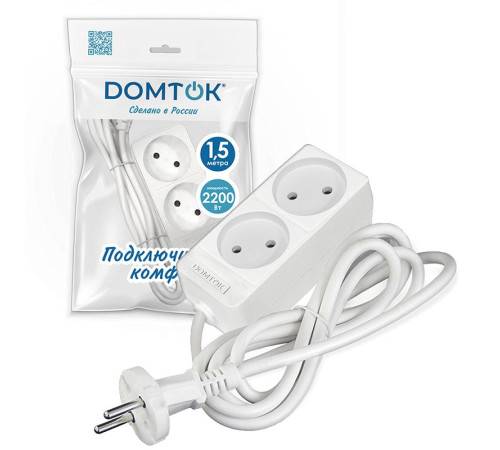 Удлинитель 2х1.5м без заземл. 10А IP20 2.2кВт ПВС 2х1 бел. DOMTOK 2344