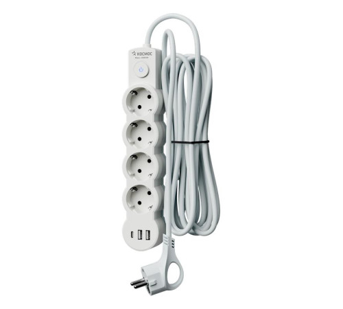 Удлинитель 3х1.5м с заземл. 10А IP20 USB 2500Вт 220В ПВС 3х1 с выкл. бел. КОСМОС YKsm1.5m4g-Z-VU10А-W
