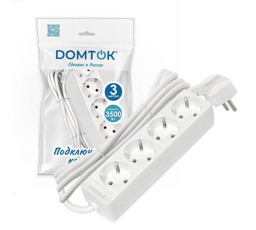 Удлинитель 4х3м с заземл. 16А IP20 3.5кВт ПВС 3х1 бел. DOMTOK 2396