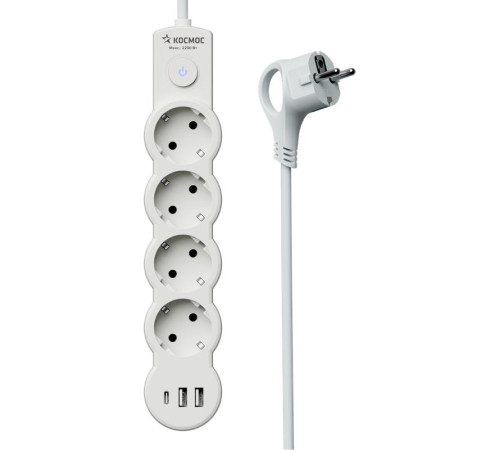 Удлинитель 3х3м с заземл. 10А IP20 USB 2500Вт 220В ПВС 3х1 с выкл. бел. КОСМОС YKsm3m4g-Z-VU10А-W