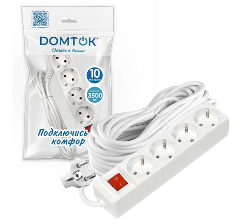 Удлинитель 4х10м с заземл. 16А IP20 3х1 с выкл. бел. DOMTOK 2405