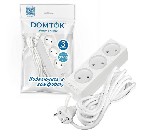 Удлинитель 3х3м без заземл. 10А IP20 2.2кВт ПВС 2х0.75 бел. DOMTOK 2371
