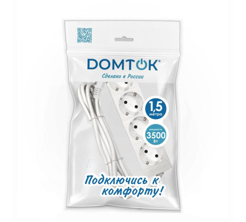 Удлинитель 4х1.5м с заземл. 16А IP20 3.5кВт ПВС 3х1 бел. DOMTOK 2394
