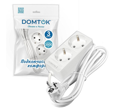 Удлинитель 2х3м с заземл. 16А IP20 3.5кВт ПВС 3х1 бел. DOMTOK 2386