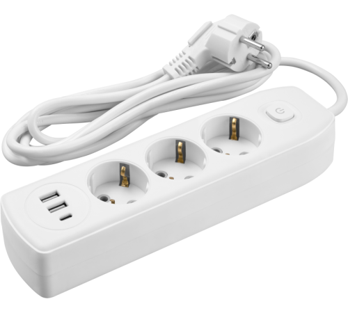 Удлинитель 3х5м с заземл. 10А IP20 90 840 OPE-USB-03-500-ESC-3x1 USB 2xType-A + Type-C с кнопкой ОНЛАЙТ 90840