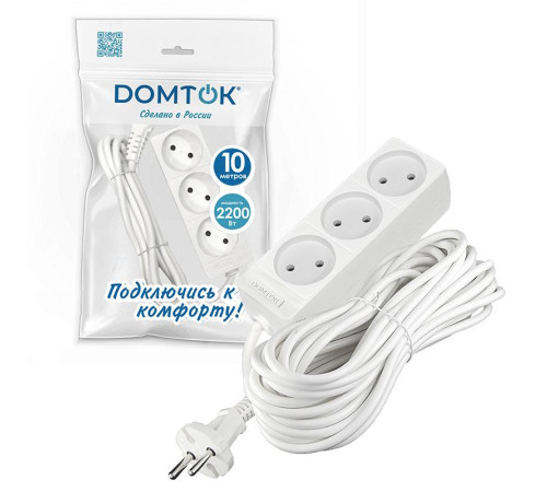 Удлинитель 3х10м без заземл. 10А IP20 2.2кВт ПВС 2х1 бел. DOMTOK 2350