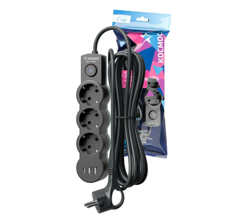 Удлинитель 3х3м с заземл. 10А IP20 USB 2800Вт 220В ПВС 3х1 с выкл. черн. КОСМОС YKsm3m3g-Z-VU10А-B