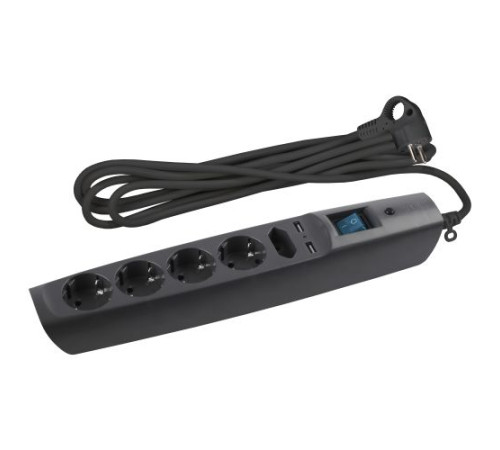 Удлинитель с сетевым фильтром 5х2м с заземл. 10А IP20 U-5es-2m-B 2хUSB ПВС 3х0.75 с выкл. защ. шторки черн. Эра C0043326