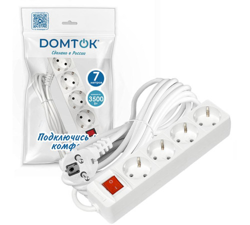 Удлинитель 4х7м с заземл. 16А IP20 3х1 с выкл. бел. DOMTOK 2501