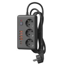 Удлинитель с сетевым фильтром 3х3м 10А 4USB + 2USBC 2500Вт ПВС 3х1 прямоуг. черн. КОСМОС FKsm3m-3gPF(B)USB