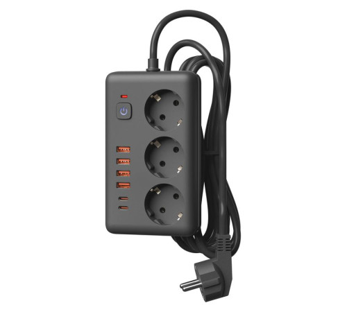 Удлинитель с сетевым фильтром 3х3м 10А 4USB + 2USBC 2500Вт ПВС 3х1 прямоуг. черн. КОСМОС FKsm3m-3gPF(B)USB
