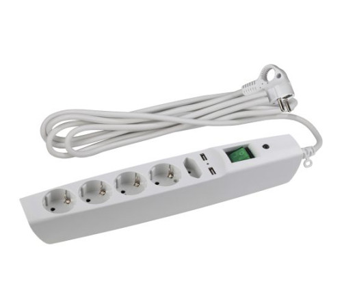 Удлинитель с сетевым фильтром 5х2м с заземл. 10А IP20 U-5es-2m-W 2хUSB ПВС 3х0.75 с выкл. защ. шторки бел. Эра C0043327