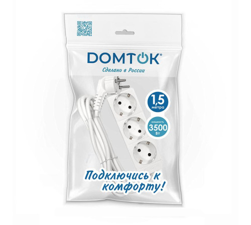 Удлинитель 3х1.5м с заземл. 16А IP20 3.5кВт ПВС 3х1 бел. DOMTOK 2389