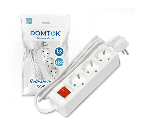 Удлинитель 3х1.5м с заземл. 16А IP20 3.5кВт ПВС 3х1 с выкл. бел. DOMTOK 2379