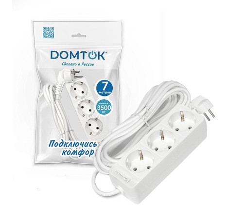 Удлинитель 3х7м с заземл. 16А IP20 3.5кВт ПВС 3х1 бел. DOMTOK 2393