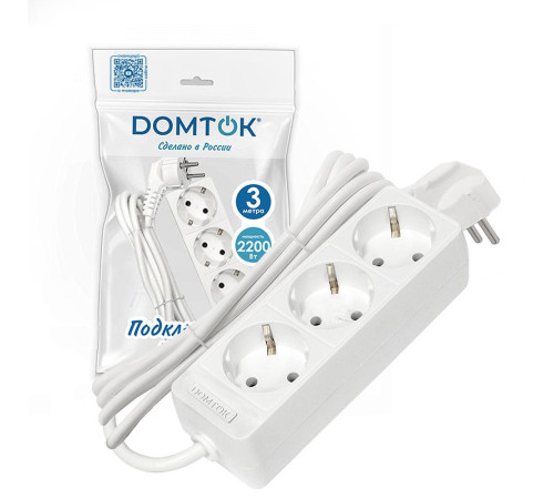 Удлинитель 3х3м с заземл. 10А IP20 2.2кВт ПВС 3х0.75 бел. DOMTOK 2375