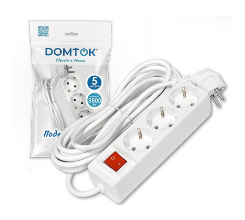 Удлинитель 3х5м с заземл. 16А IP20 3.5кВт ПВС 3х1 с выкл. бел. DOMTOK 2382