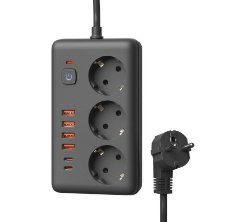Удлинитель с сетевым фильтром 3х3м 10А 4USB + 2USBC 2500Вт ПВС 3х1 прямоуг. черн. КОСМОС FKsm3m-3gPF(B)USB