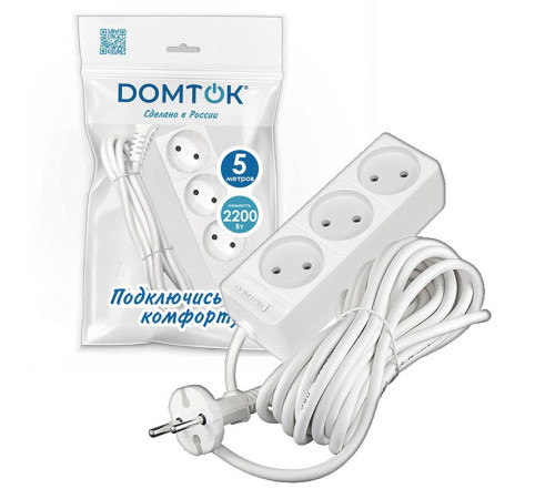 Удлинитель 3х5м без заземл. 10А IP20 2.2кВт ПВС 2х1 бел. DOMTOK 2352