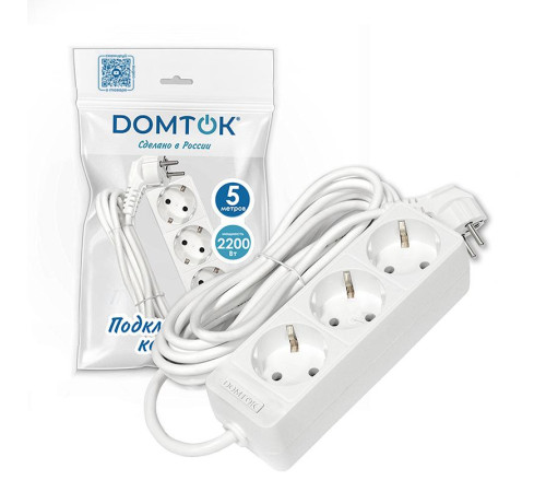 Удлинитель 3х5м с заземл. 10А IP20 2.2кВт ПВС 3х0.75 бел. DOMTOK 2376