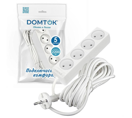 Удлинитель 4х5м без заземл. 10А IP20 2.2кВт ПВС 2х1 бел. DOMTOK 2357