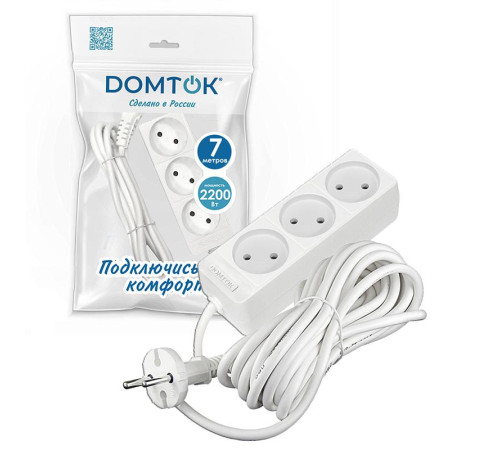 Удлинитель 3х7м без заземл. 10А IP20 2.2кВт ПВС 2х1 бел. DOMTOK 2353