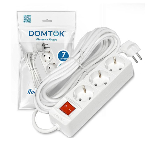 Удлинитель 3х7м с заземл. 16А IP20 3.5кВт ПВС 3х1 с выкл. бел. DOMTOK 2383